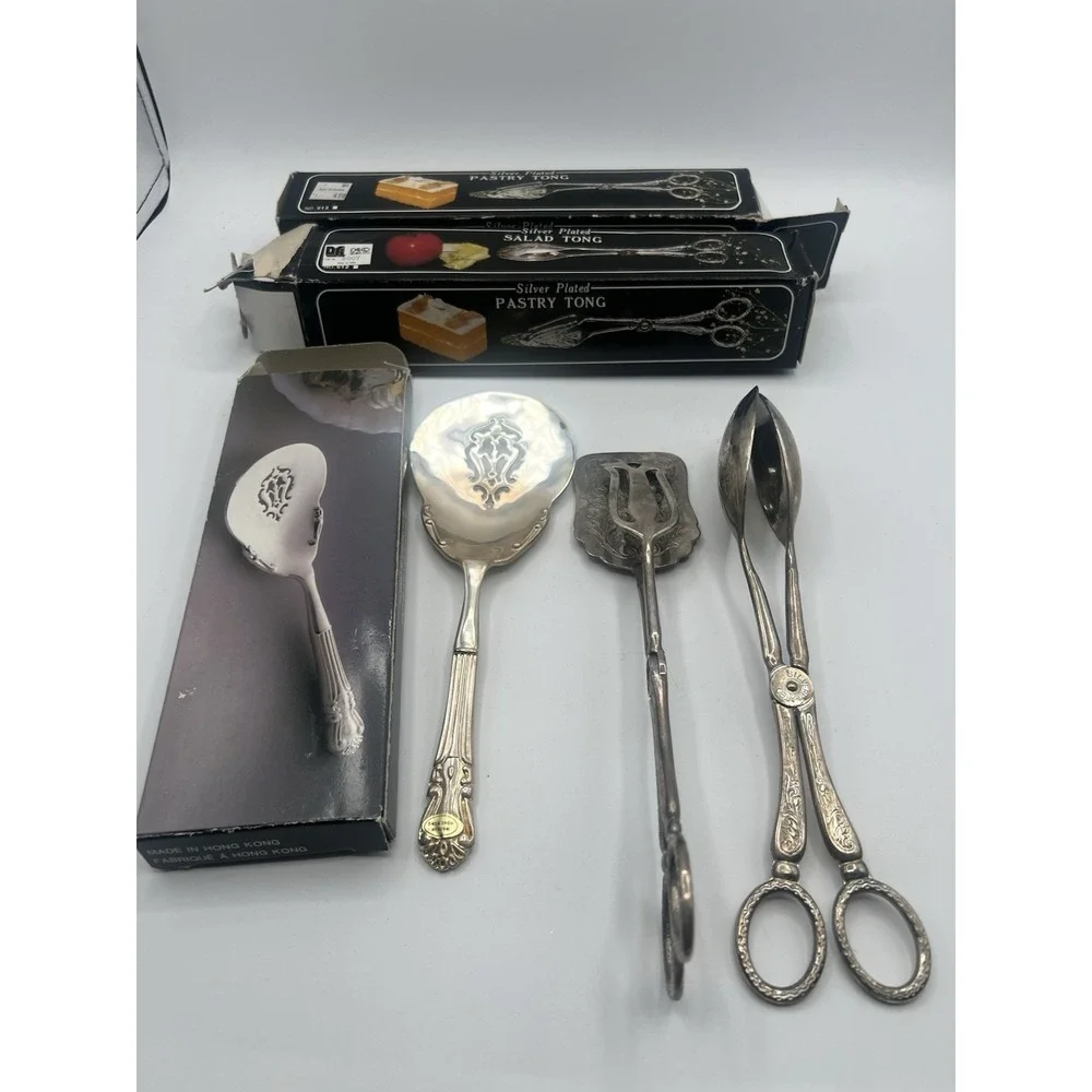 Lot Of 3 Silver Plated Cake &‎ Salad Tongs Spatula Victorian Romantic Ornate